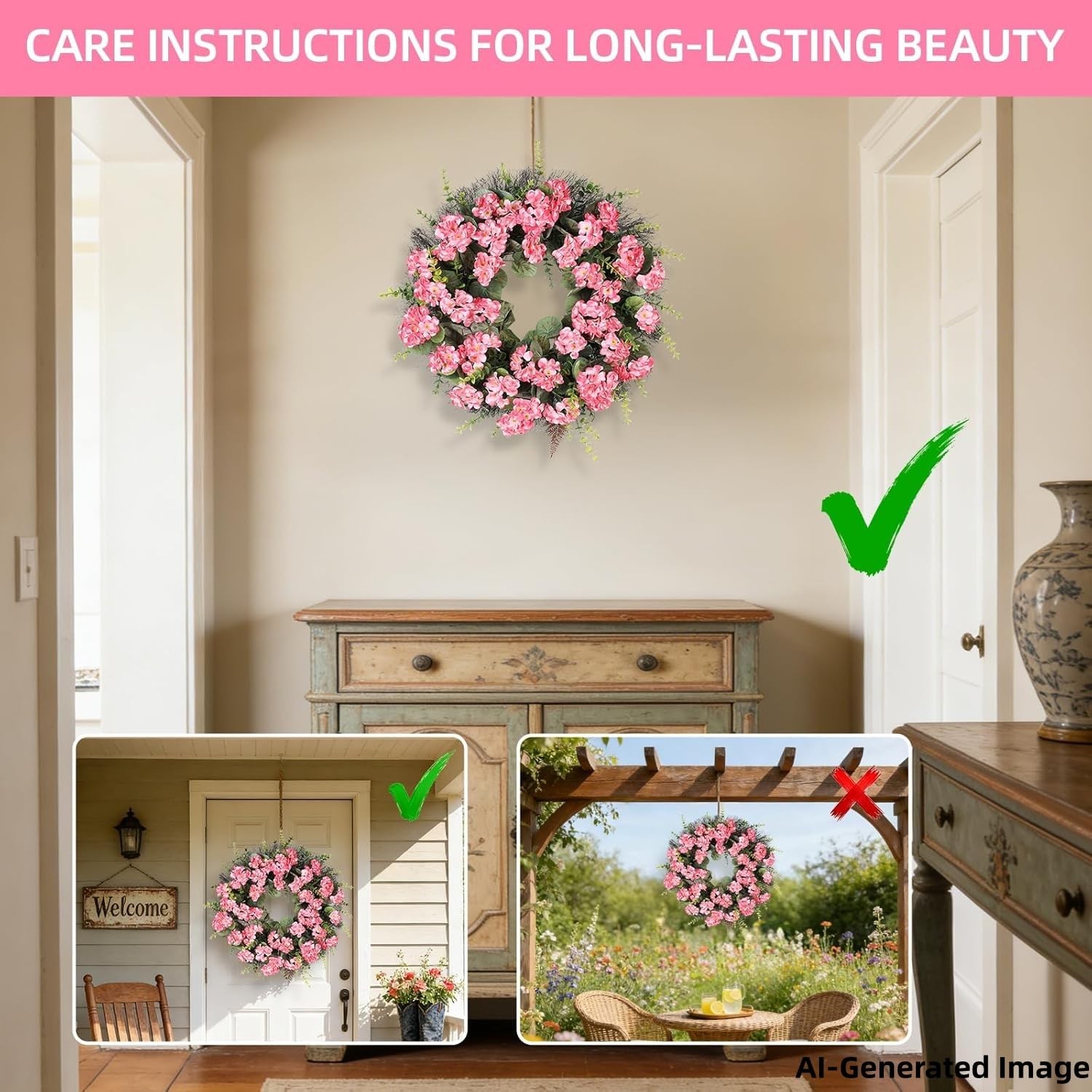 Kuimen Pink Artificial Geranium Wreath 22 Inch Spring Summer Wreaths For Front