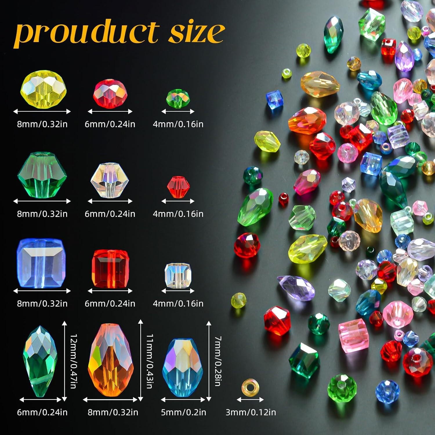 1500 Pcs Crystal Glass Beads for Jewelry Making – 12 Styles Bicone, Rondelle, Cu