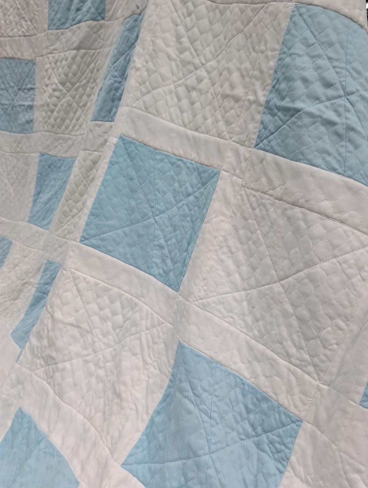 Vtg 70s Light Blue And White Checkerboard Patchwork Pattern Quilt Classic