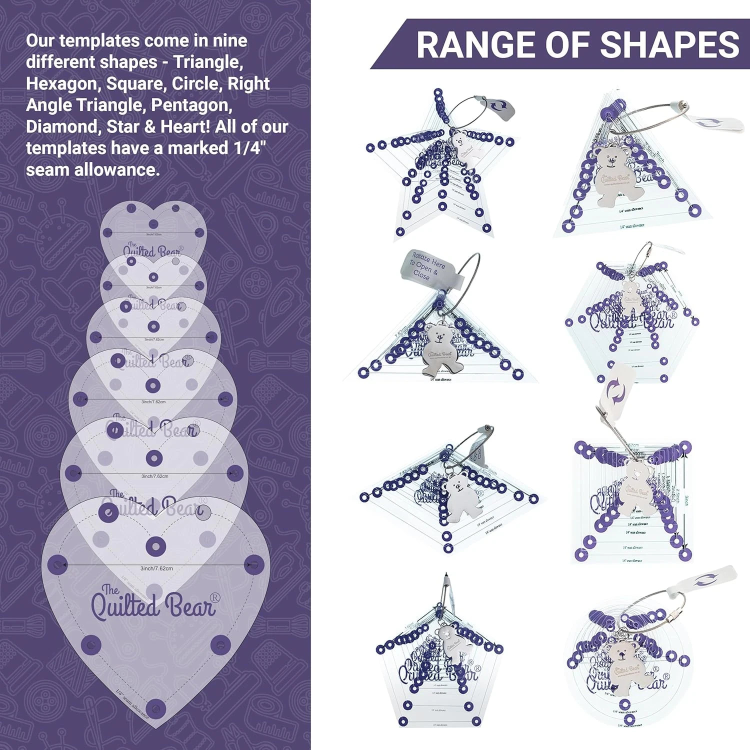 Heart Quilting Templates – 8 Clear Non-Slip Acrylic Quilt Templates for Precise