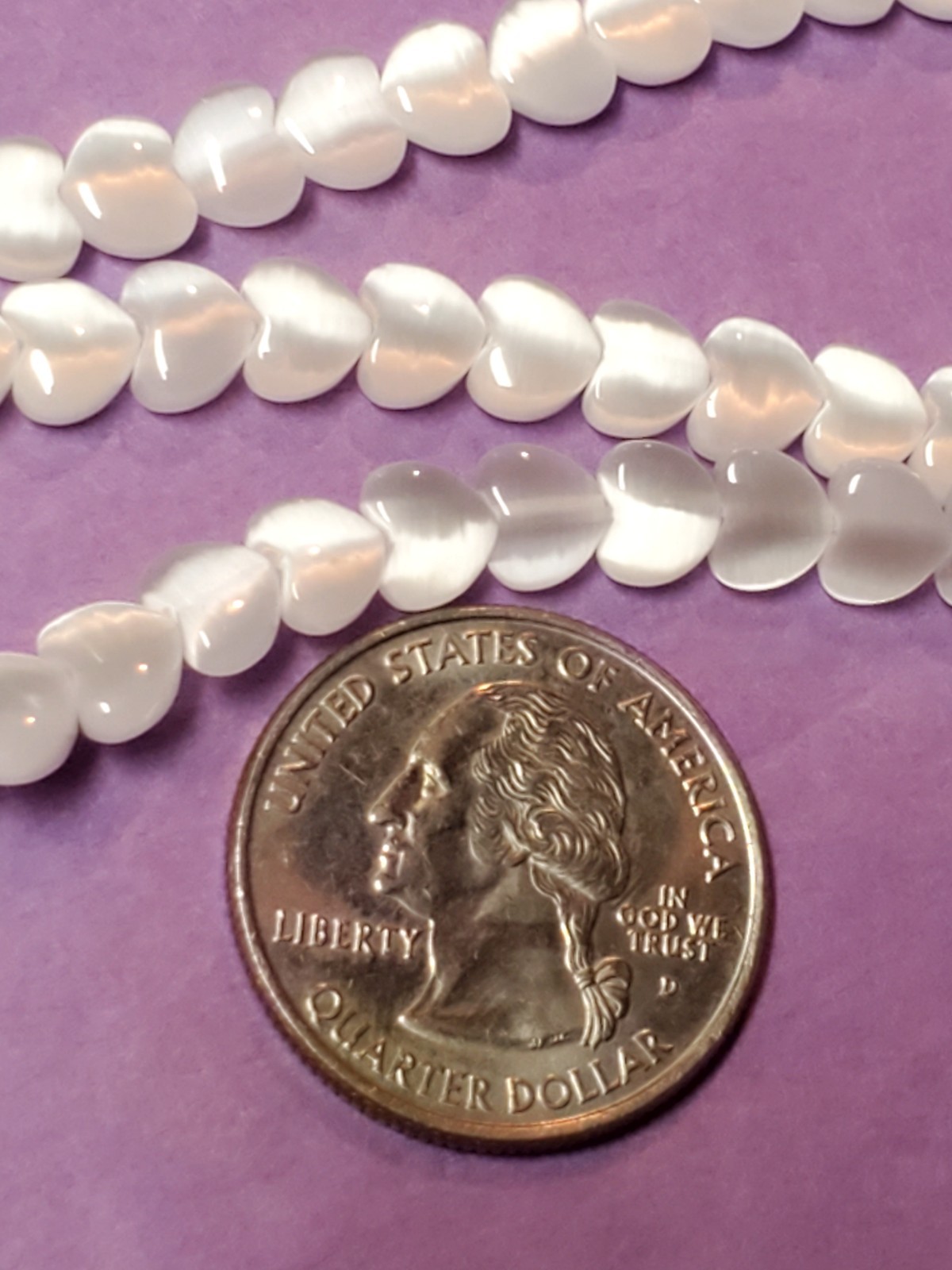 White Cat’s Eye Glass Heart Bead Strands 6mm Puff Heart Lot of 3 Crafting 225 Pc
