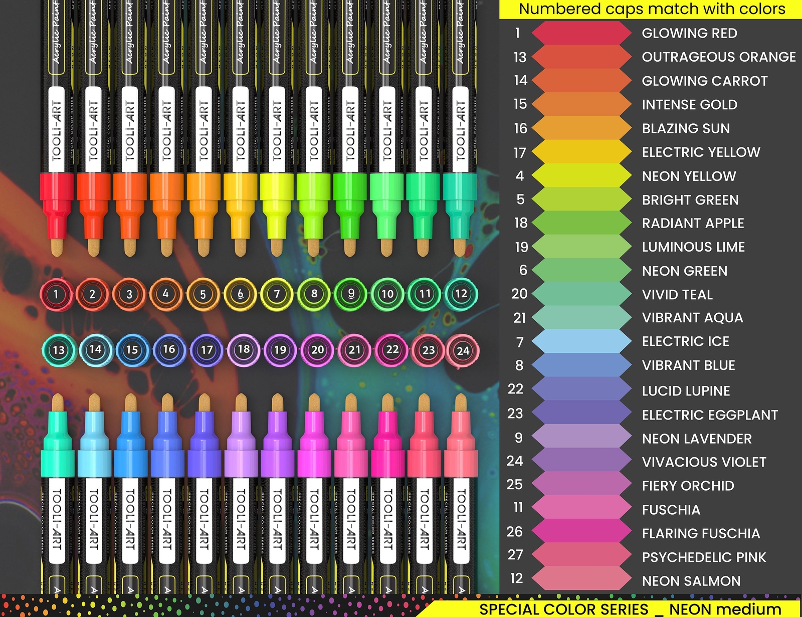 24 Neon Fluorescent Acrylic Paint Pens Markers Set 3mm (MEDIUM)