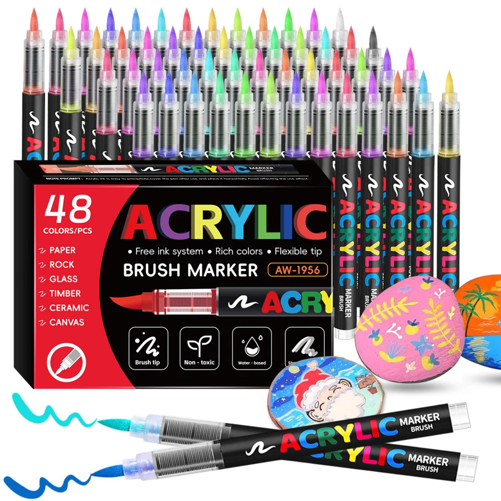 48 Colors Acrylic Marker Pen Set Paint Brush Art Pens