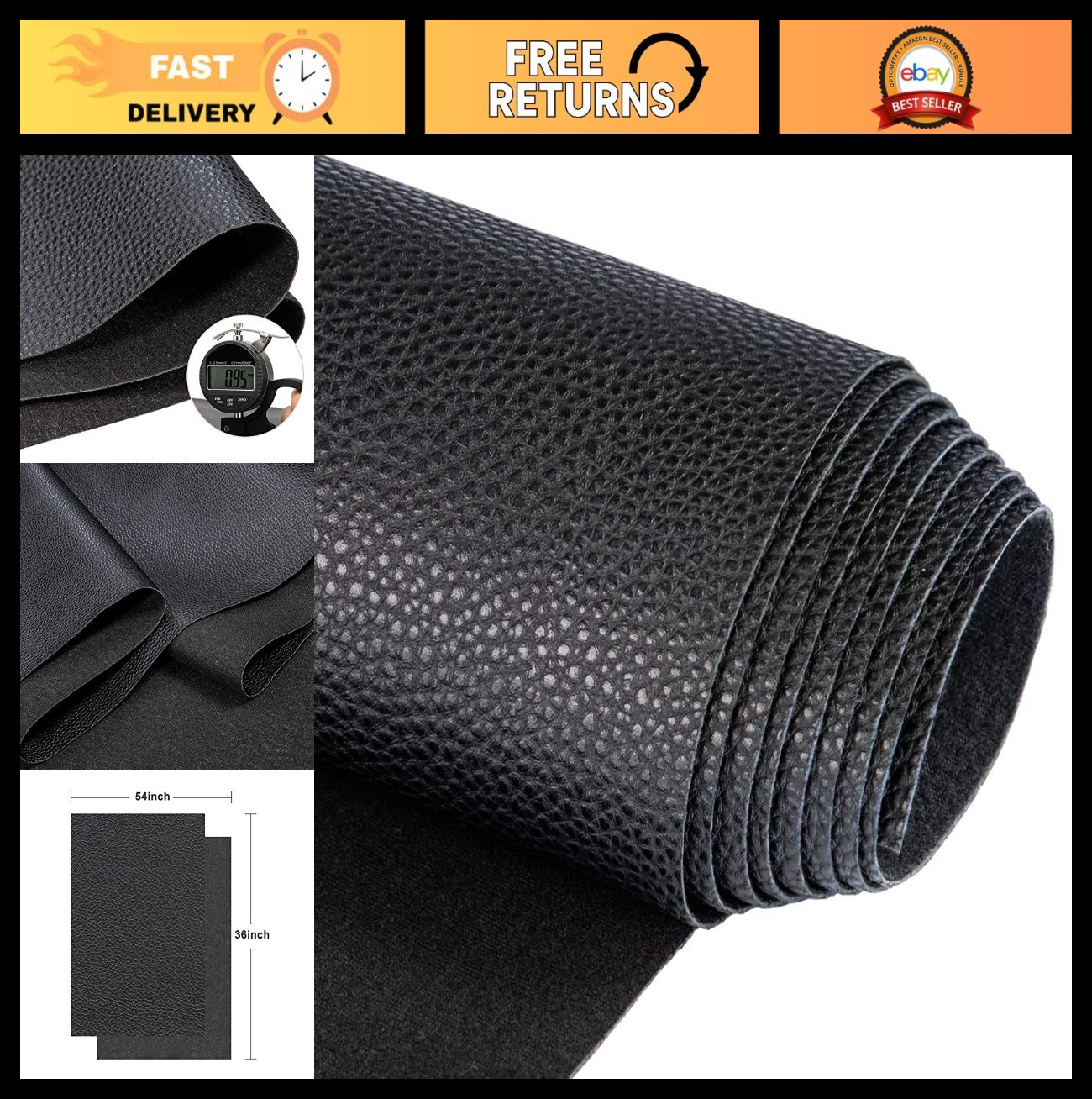 Soft Faux Leather Sheets 54″x36″ – 1 Yard, 0.95mm Thick, Black Pebbled Upholster
