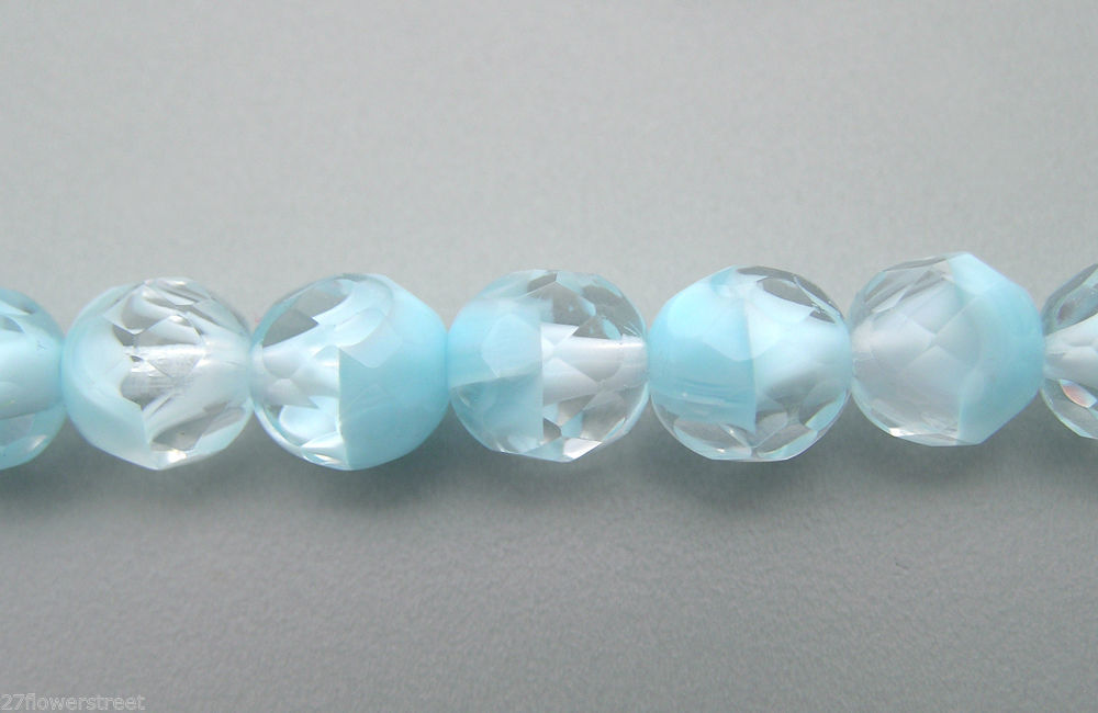 Czech Fire Polished Round Faceted Glass Beads in Crystal Light Blue Givre, 7in