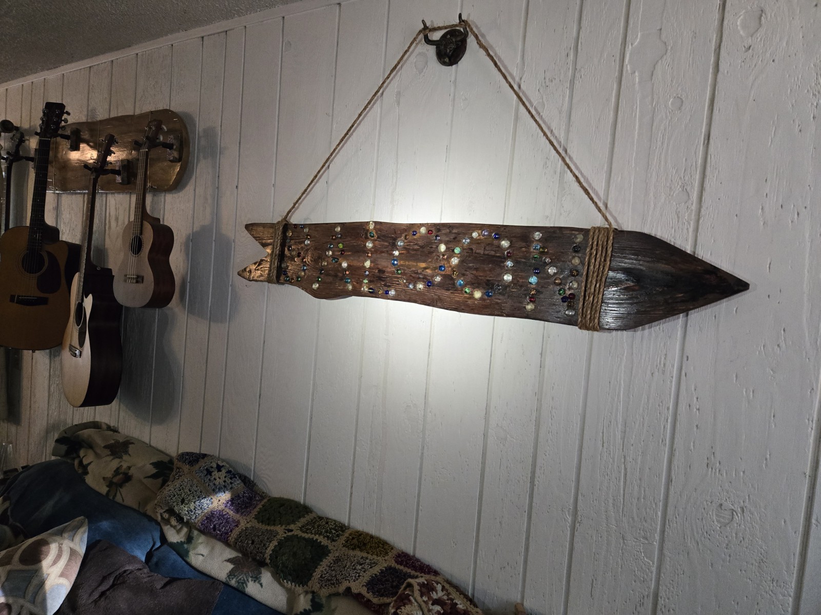 Handcrafted Wooden Arrow Saloon Sign Wall Hanging with Glass, Marbles,