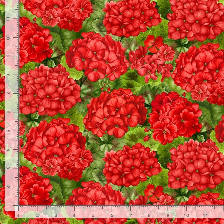 Scarlet Beauty – Packed Geranium With Leaves, Timeless Treasures BTY 44