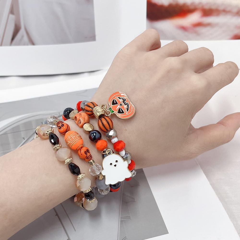 Halloween Bracelet Set Stack Spooky BOO Vinyl Disc Bead Artificial Crystal – 01