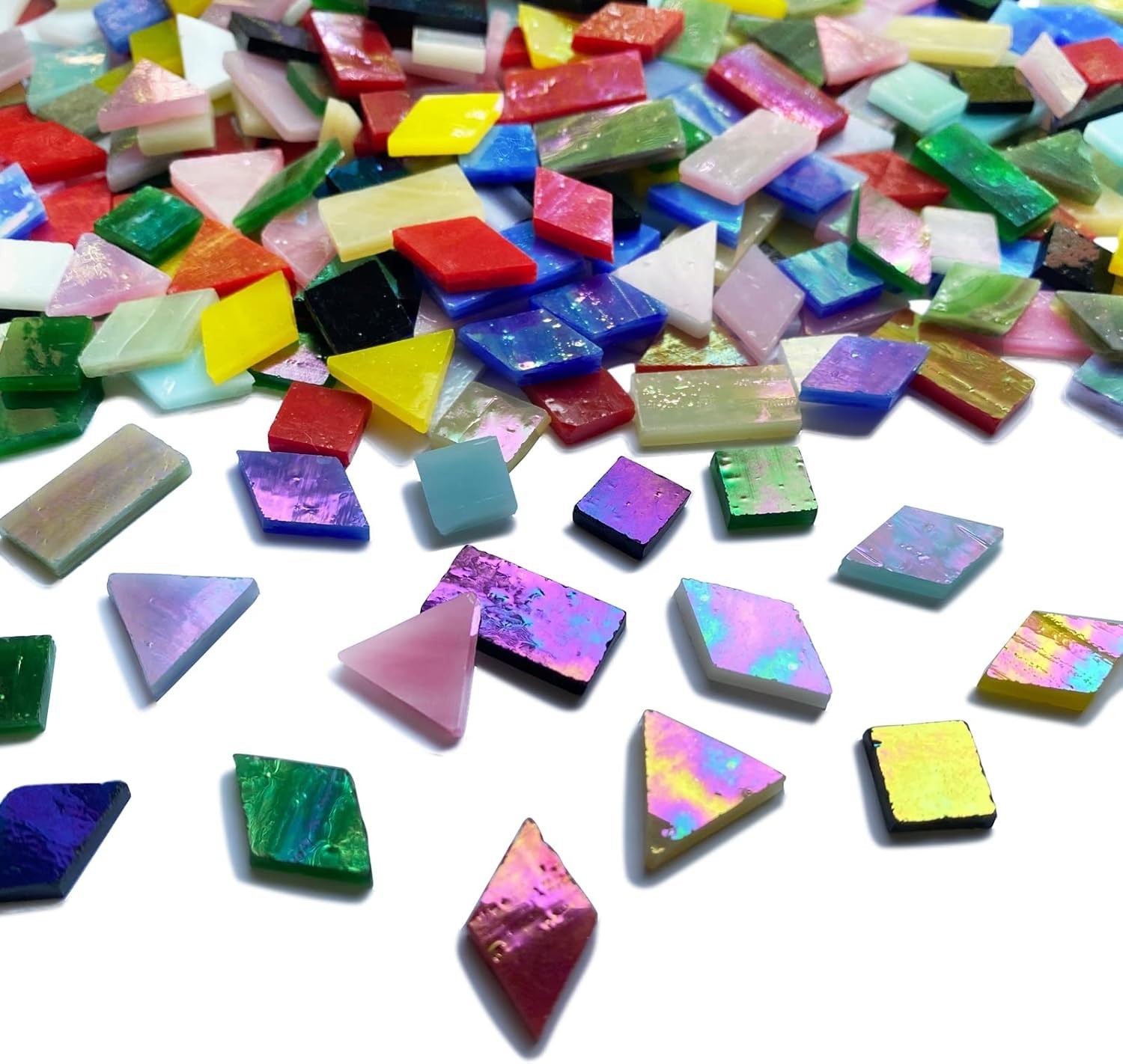 510 Pieces Iridescent Glass Mosaic Tiles for Crafts Mixed 4 Shapes Colorful Sta