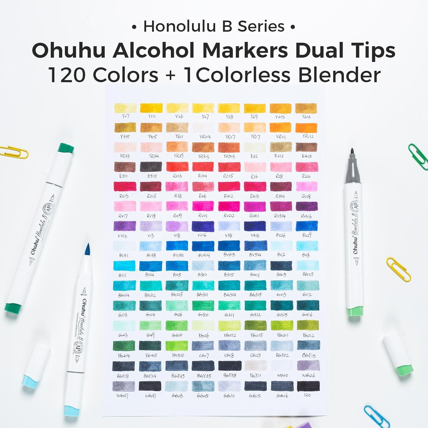 Ohuhu 120 Unique Colors Brush-and-Fine Dual Tips Alcohol-Based Markers+1 Blender