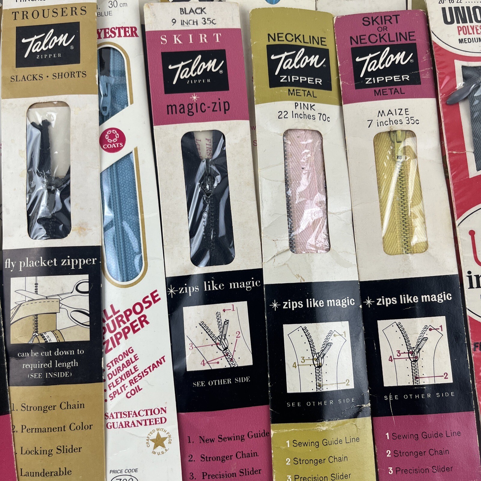 Talon Metal Zippers Lot of 28 Vintage Assorted Sizes & Colors Pink Green Blue