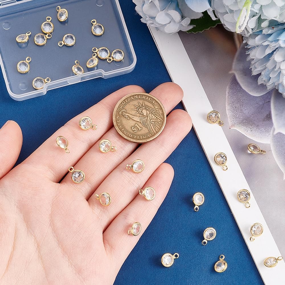 30Pcs 18K Gold Plated Cubic Zirconia Charms, Golden round Crystal Charms for DIY