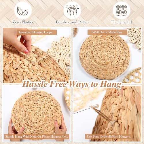 Hushee 7 Pcs Boho Wall Basket Decor, Seagrass Woven Round Bohemian Hanging