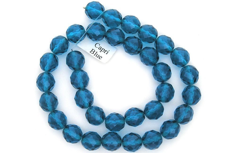 Czech Fire Polished Round Faceted Glass Beads in Capri Blue Light color 16″ str