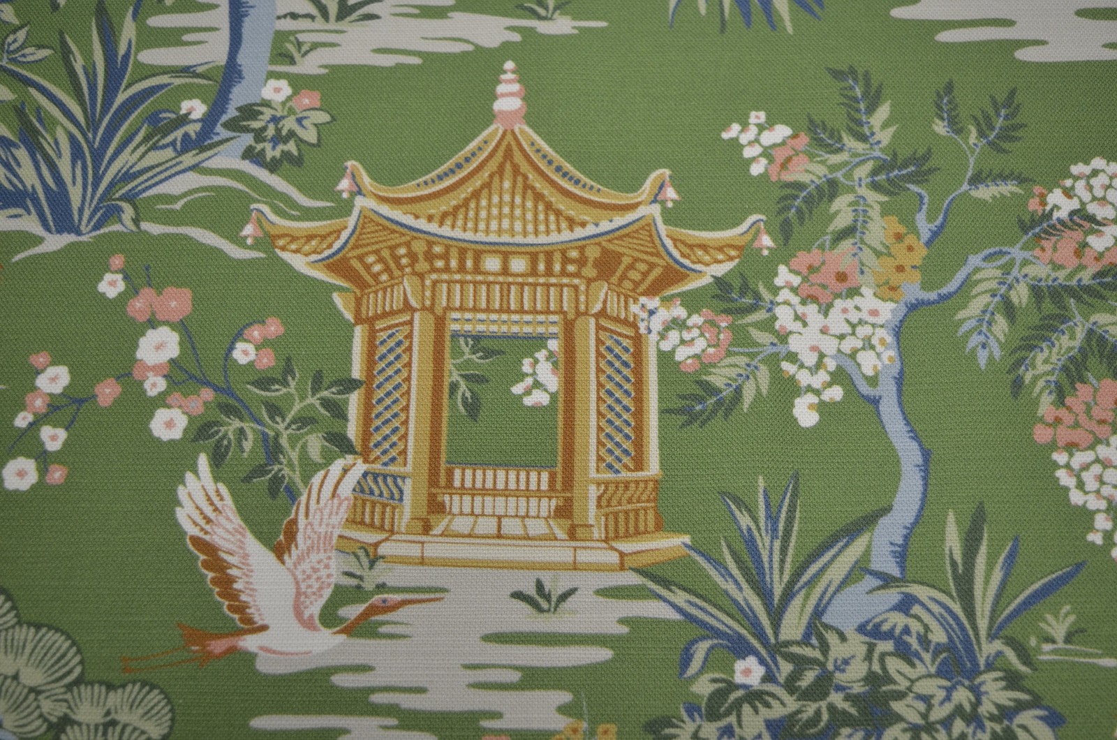 Harmony Grass Asian Pagoda with Blue Coral Floral Print on Green Regal Fabric