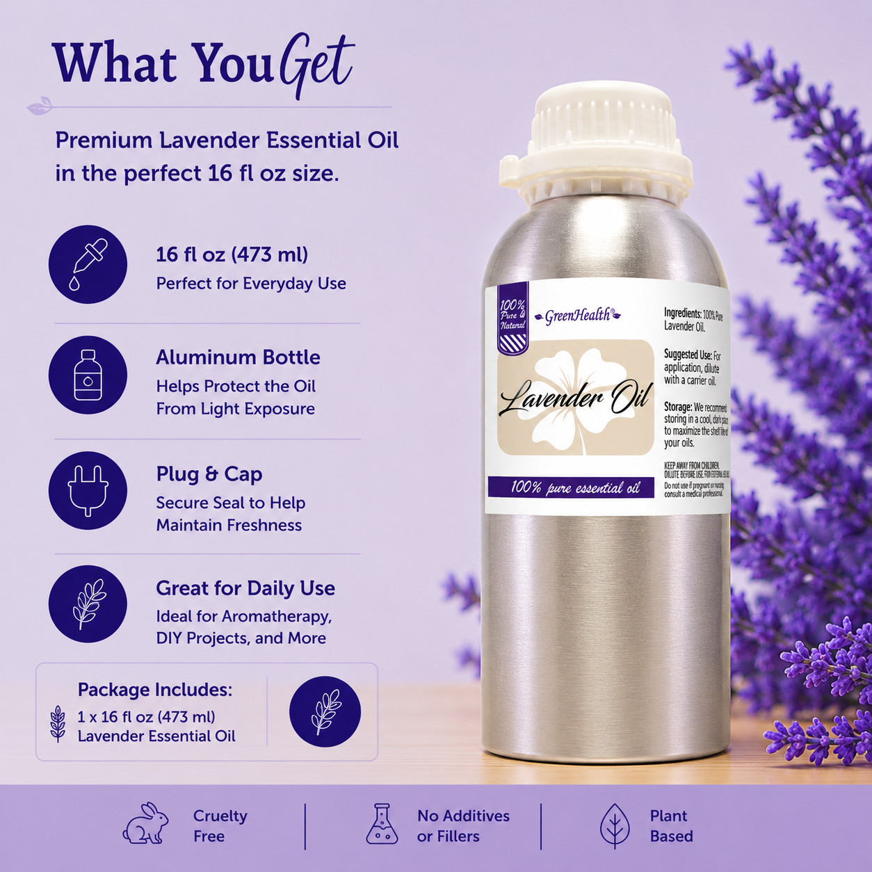 Bulk 16 fl oz Lavender Essential Oil in Aluminum Bottle – GreenHealth