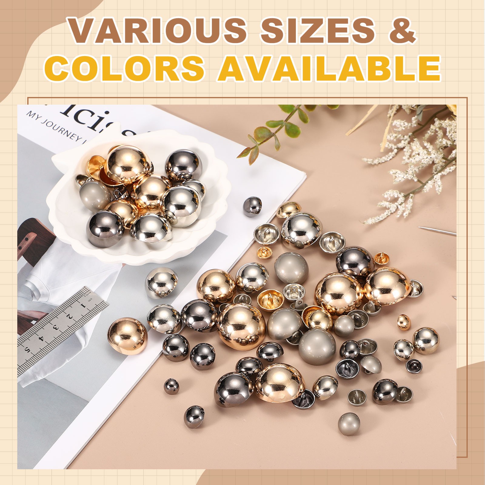 12pcs 28mm / 1.10″ Half-Domed Mushroom Metal Sewing Buttons,Black
