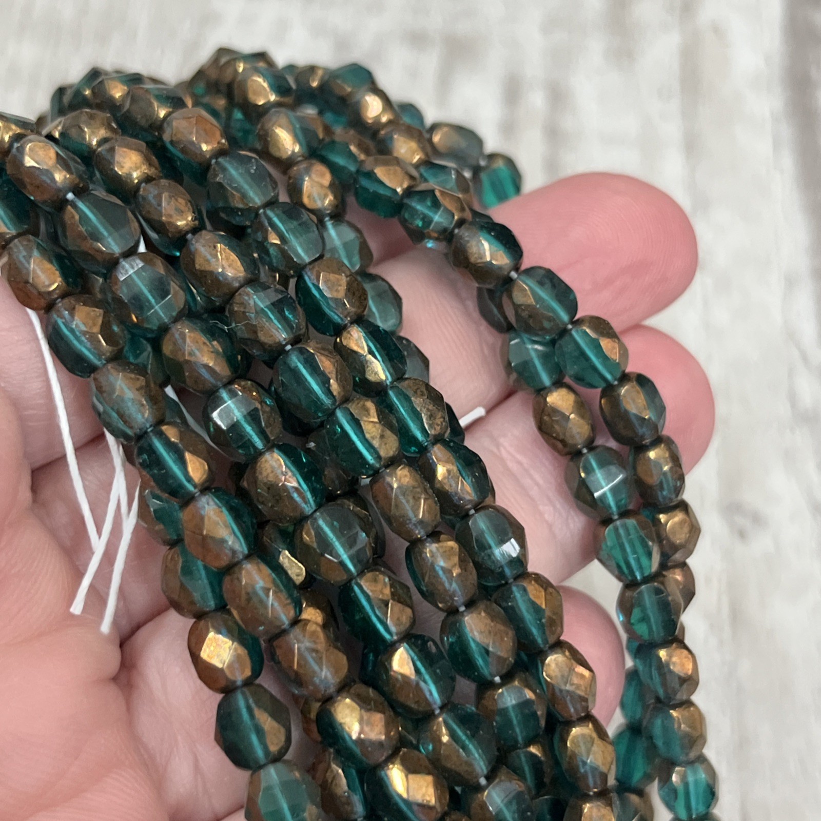Iridescent Pressed Glass Green Gold Vintage Czech Glass 6 In Strand Beads