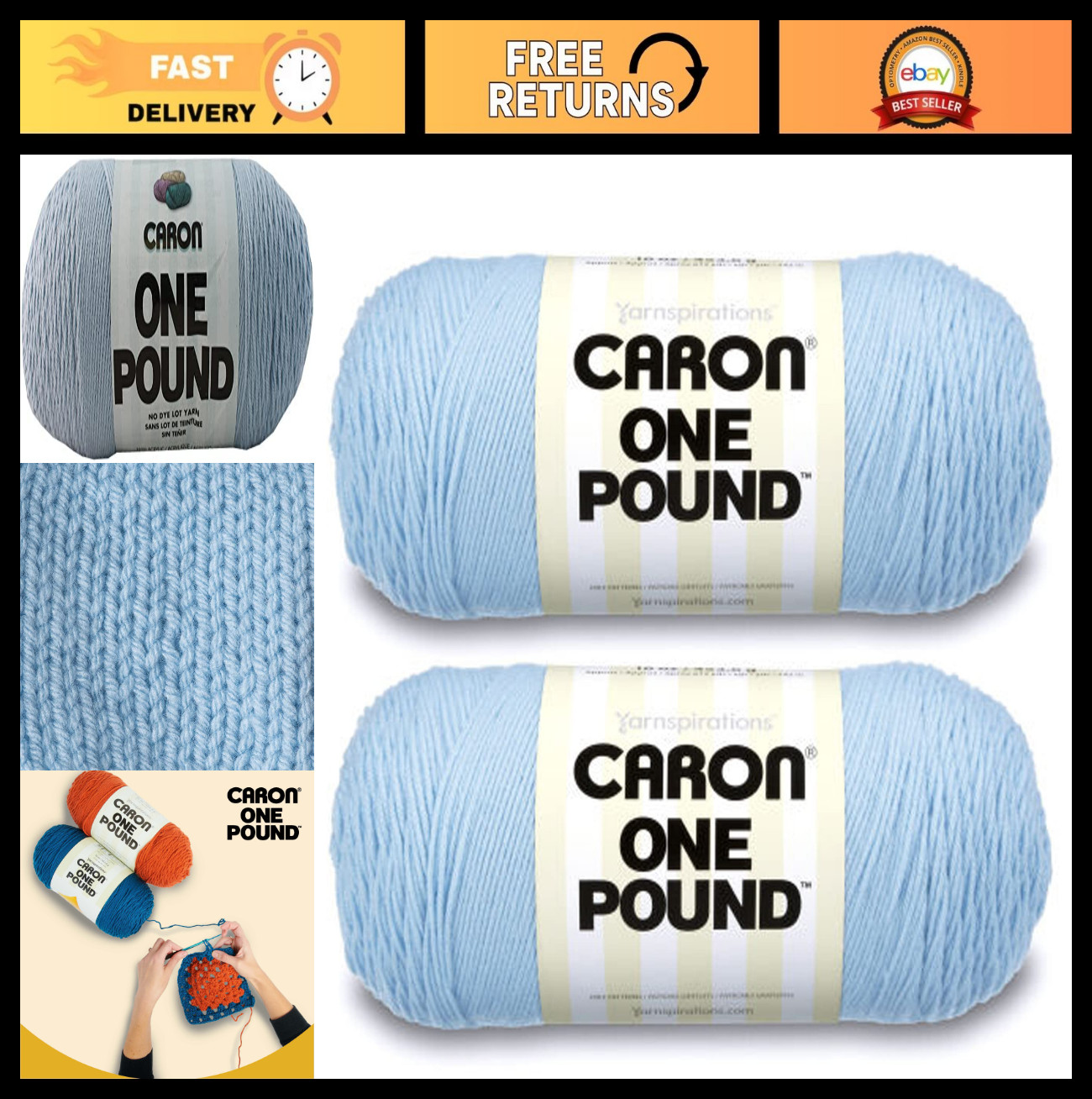 Sky Blue Acrylic Yarn 2 Pack – 454g/16oz Each, 812 Yards, Medium Weight for Knit