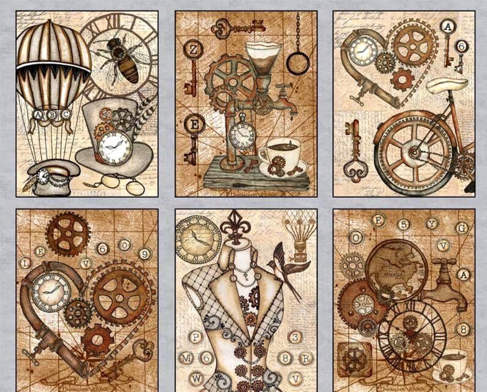 Unknown Voyage Steampunk Quilt Panel by Tana Mueller 12 Block 44″x17″
