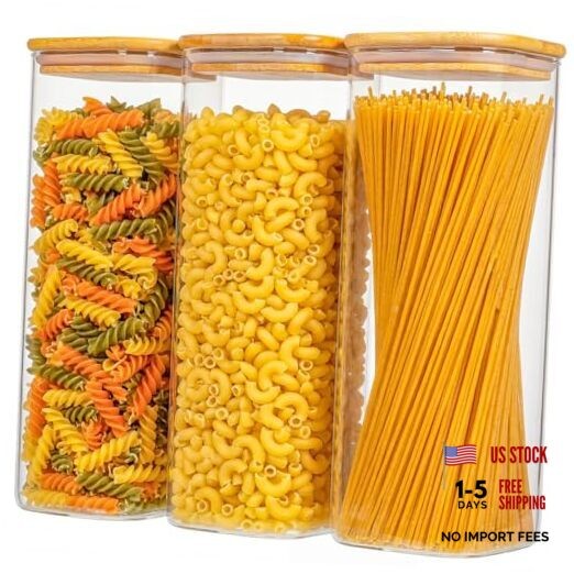 3-Pack 2.2Qt Square Glass Spaghetti Jars with Bamboo Lids, Tall Food 2.2Qt*2