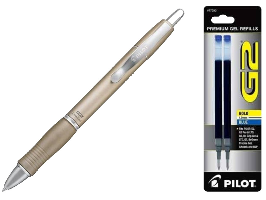 Pilot G2 Limited Metal Gel Pen .7mm Gold Barrel 1.0mm Blue Refills Office School