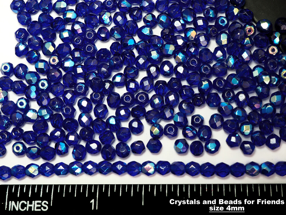 Czech Fire Polished Round Faceted Beads in Cobalt Blue AB coated 16″ strands