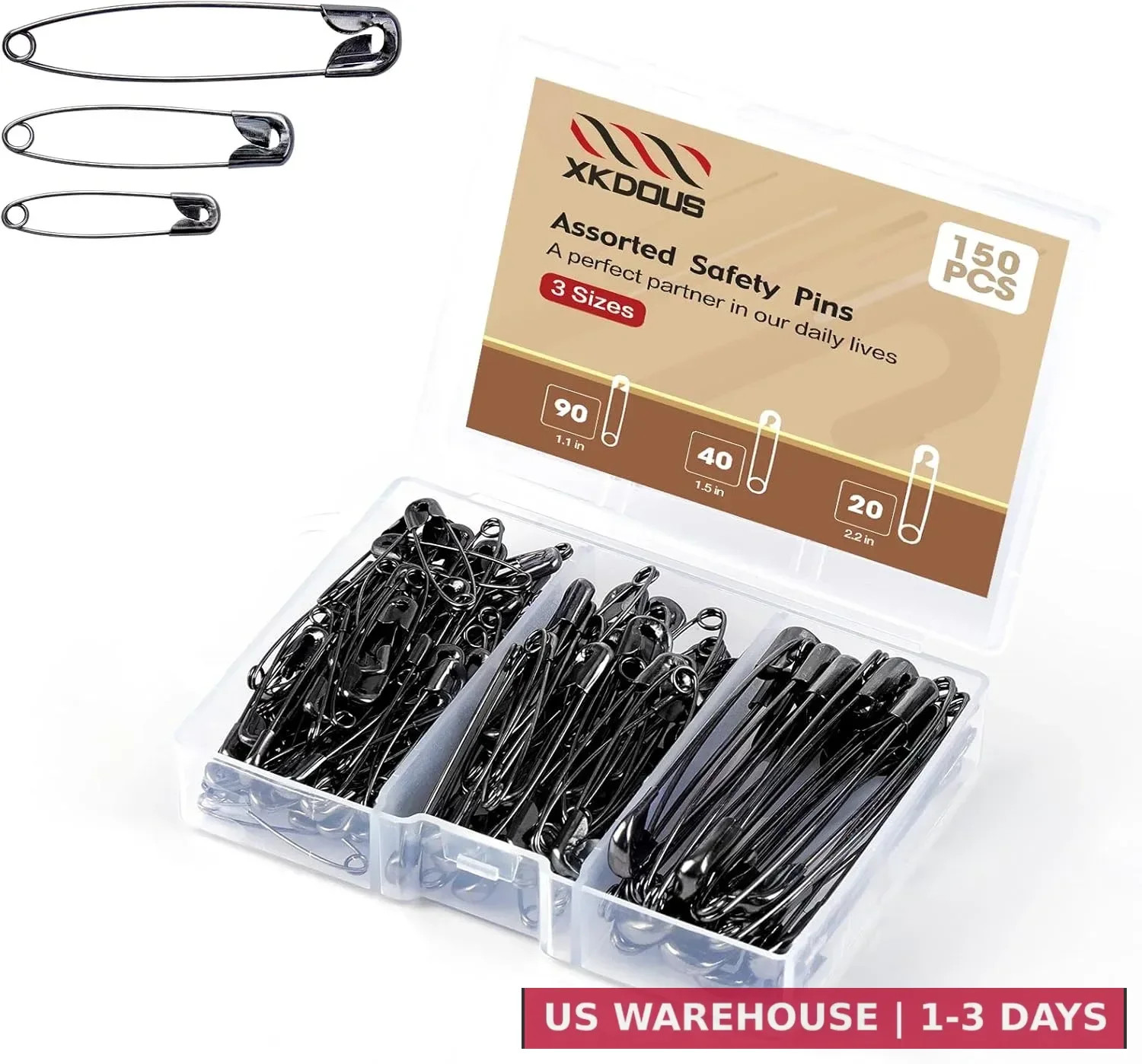 Safety Pins – 150 Pcs Assorted Sizes Black Pins Bulk – Small & Large Heavy Duty