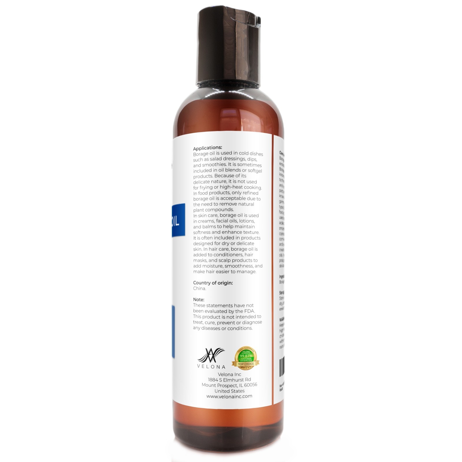 Borage Seed Oil by Velona – 4 oz Refined, Expeller pressed, Skin, Body, Hair