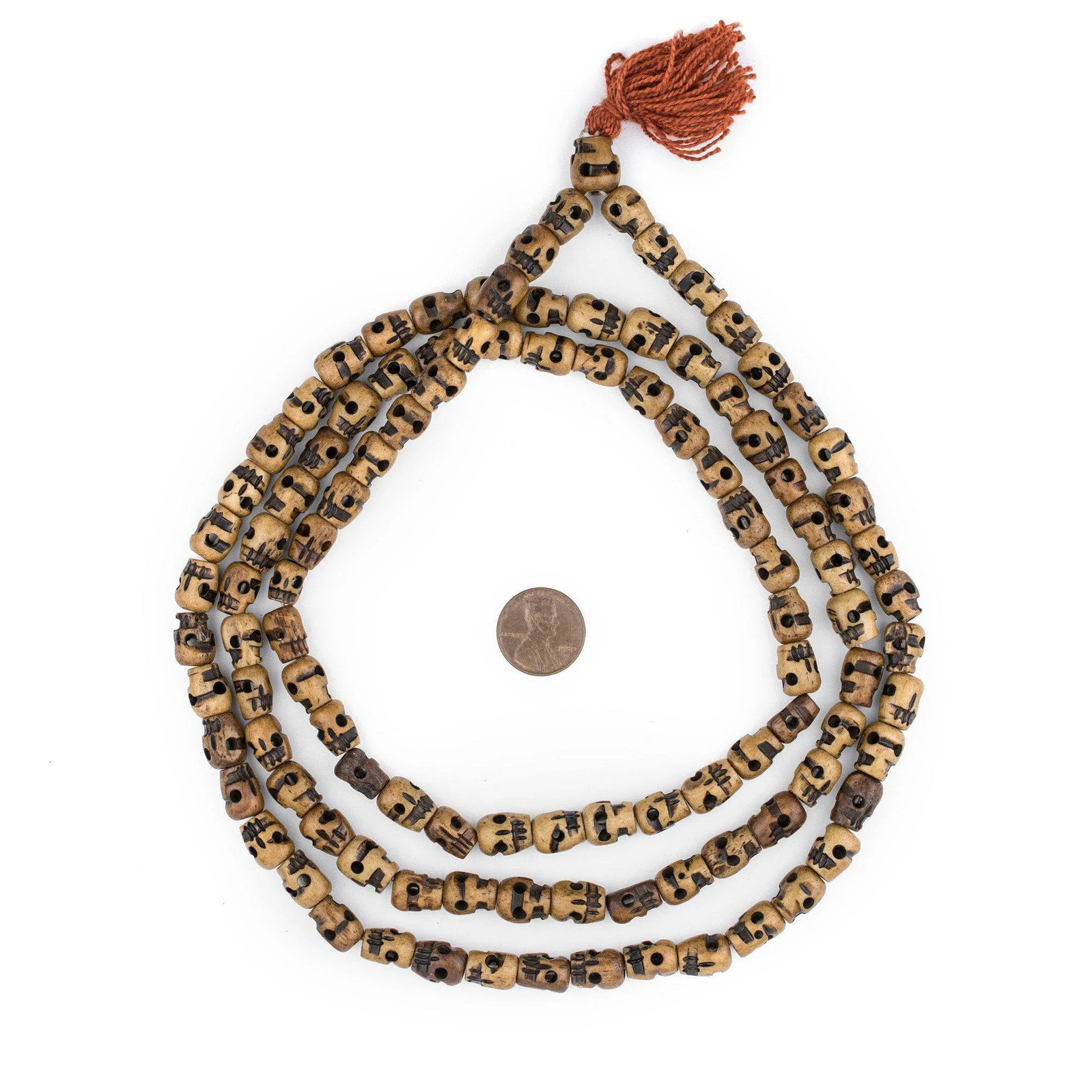 Brown Carved Bone Skull Mala Beads 12x8mmLong Strand Nepal Large Hole