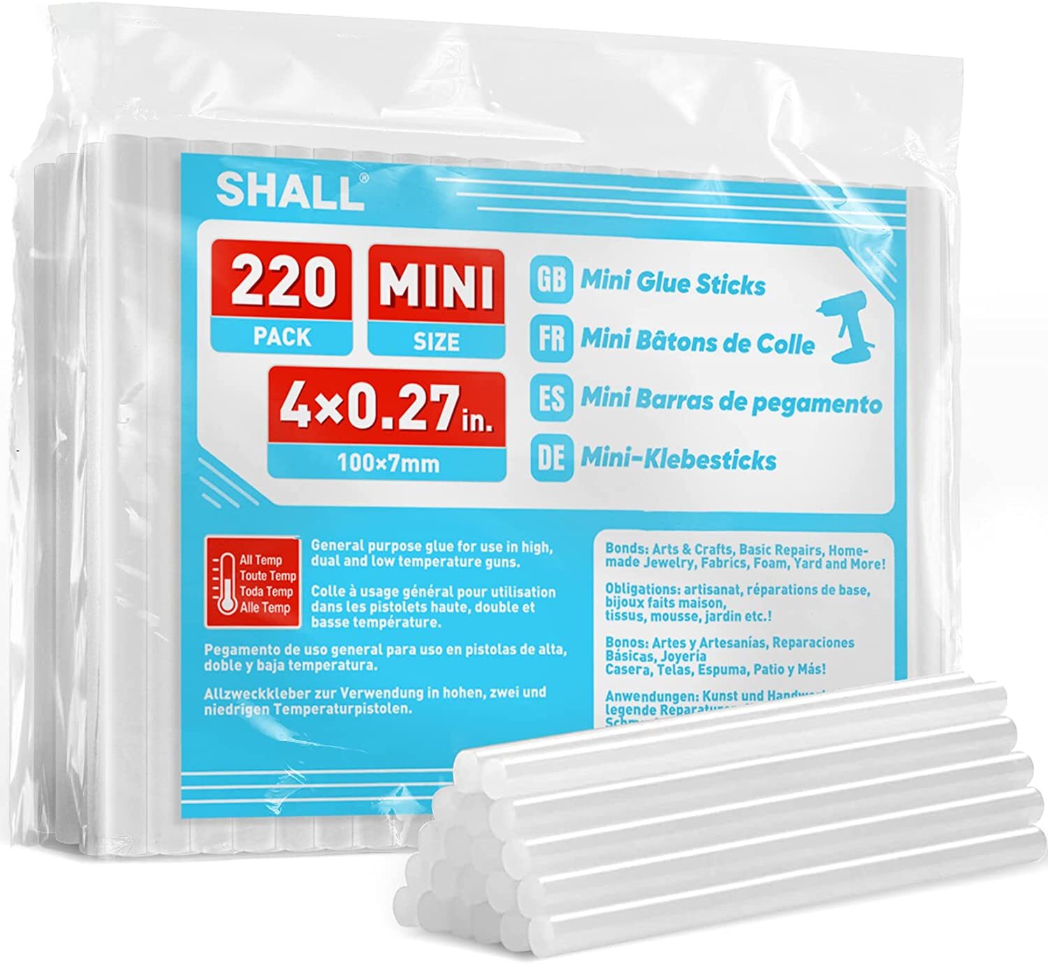 SHALL 220 PCS 7MM/11MM Clear Glue Sticks Hot Melt for Arts Craft DIY Kit Set