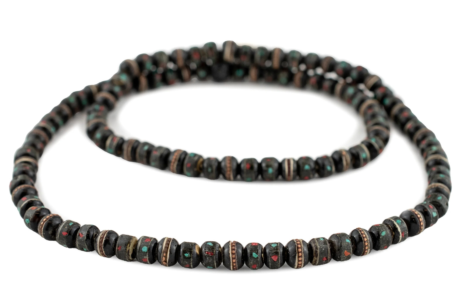 Black Inlaid Bone Mala Beads 8mm Nepal Multicolor Round Large Hole