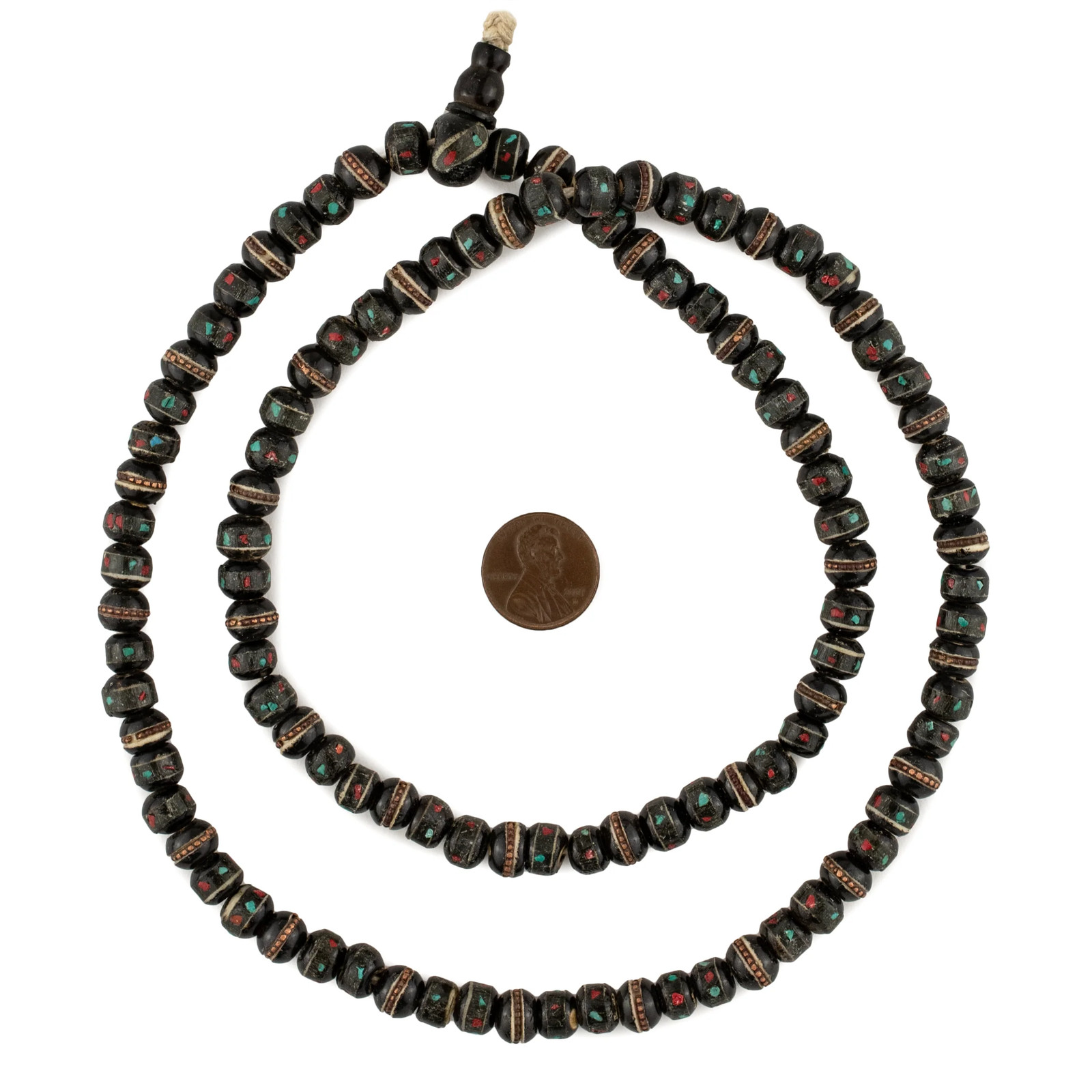Black Inlaid Bone Mala Beads 8mm Nepal Multicolor Round Large Hole
