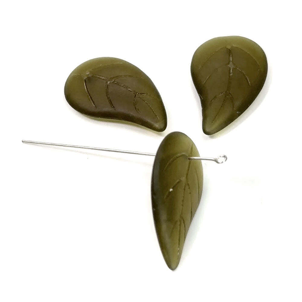 Czech Druk Glass Beads Large Leaf Top Hole 34x20mm Dk Olivine Matted 3 pcs CL025