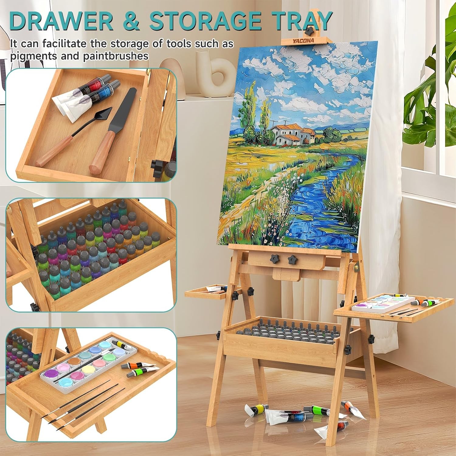 Beech Wood H-Frame Easel Solid Large Painting Storage Box