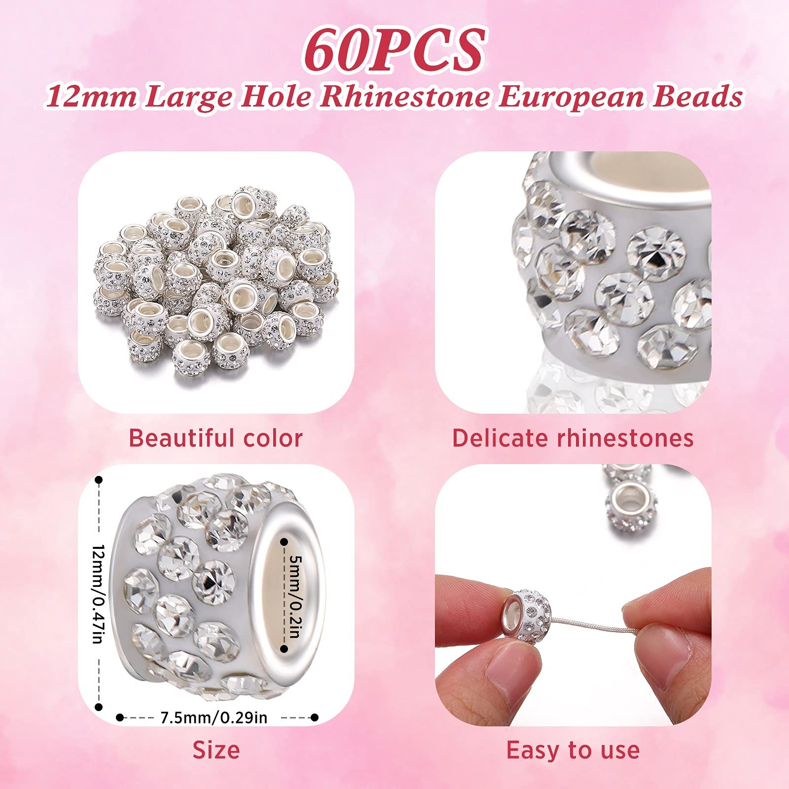 60 Pcs Rhinestone European Beads 12 mm Large Hole Charm Spacer Bead Large Hole C