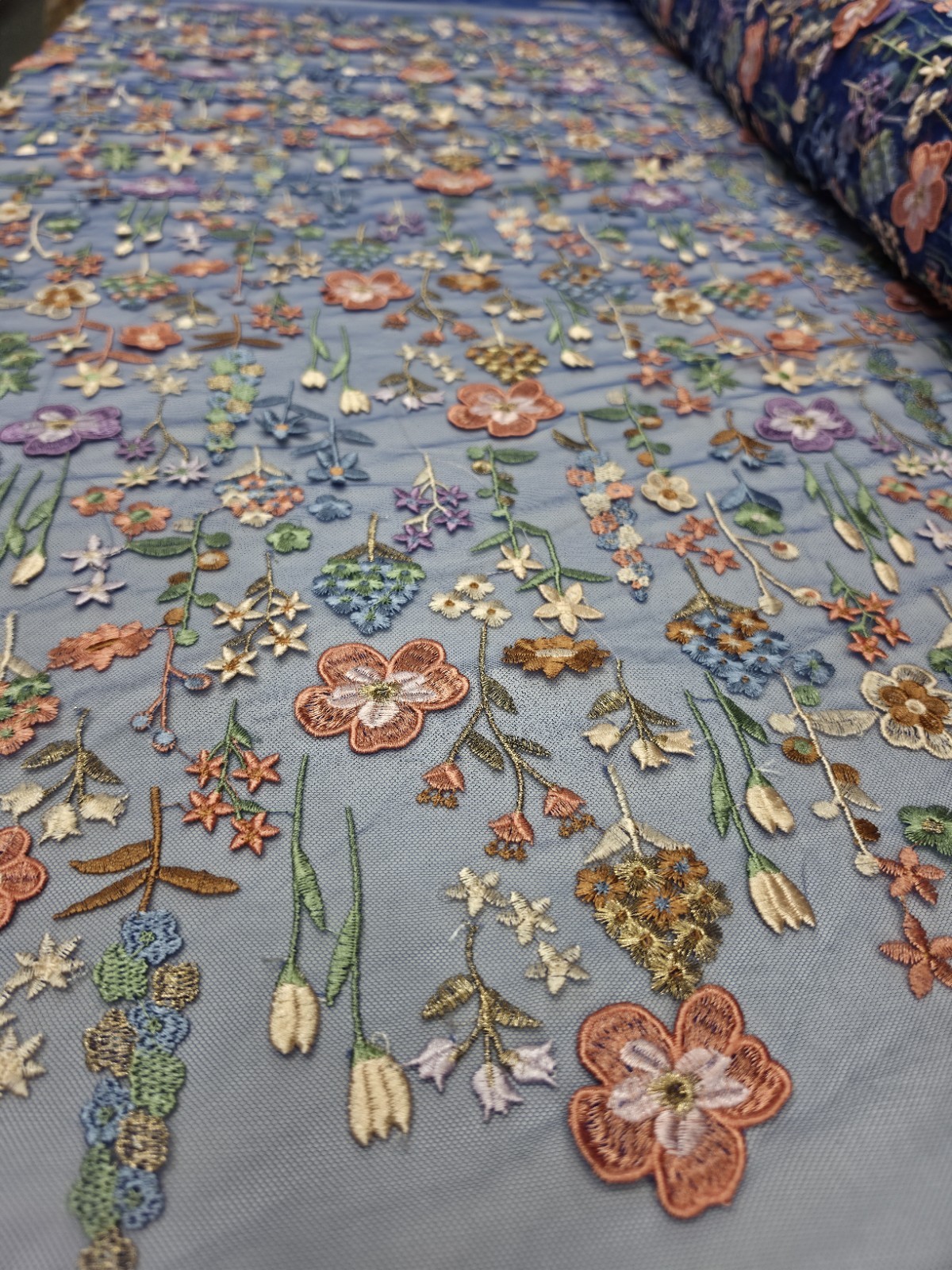Royal Blue Lace Fabric Sold By The Yard Multicolor Embroidery 3d Floral