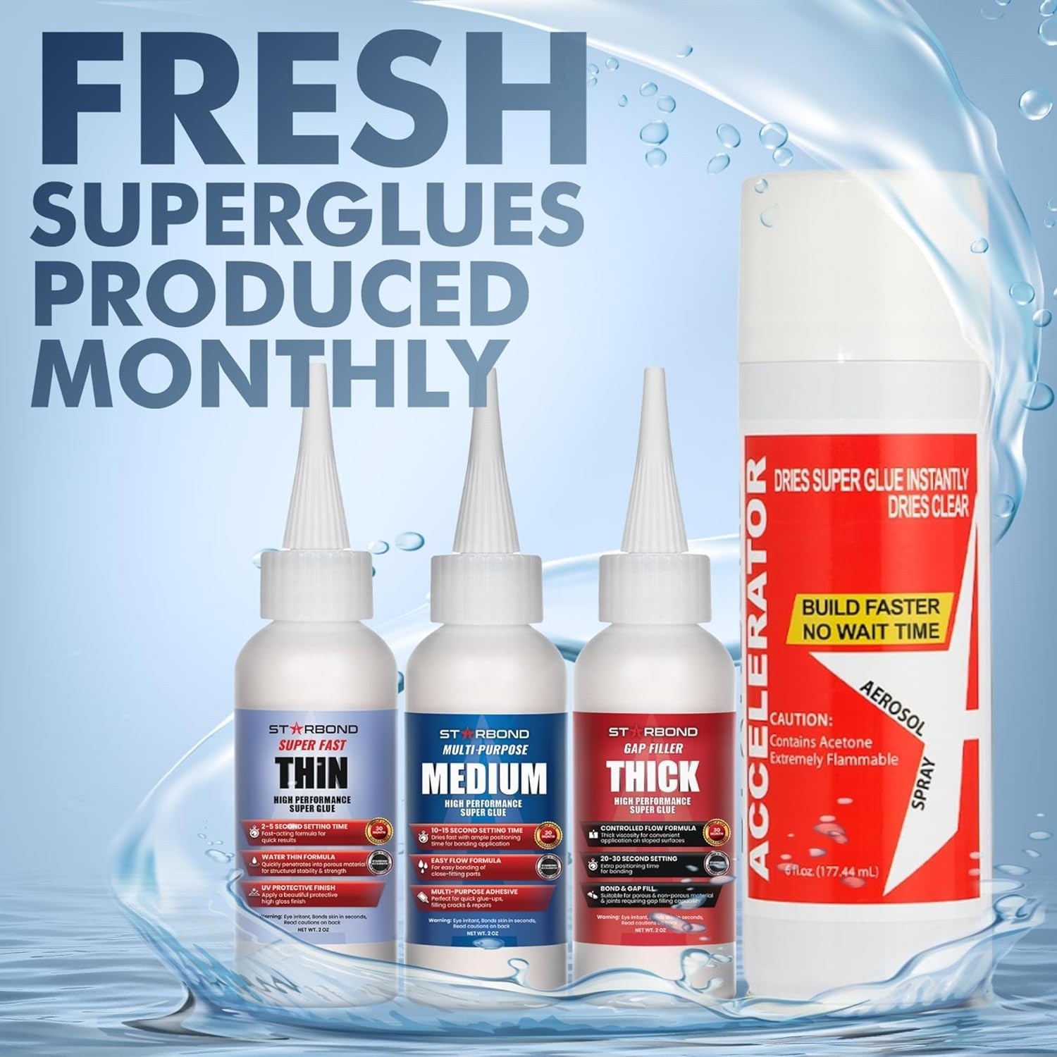 Starbond 2 oz. Thin, Medium, Thick Superglue (CA Glue) and 6 oz. Accelerator Kit