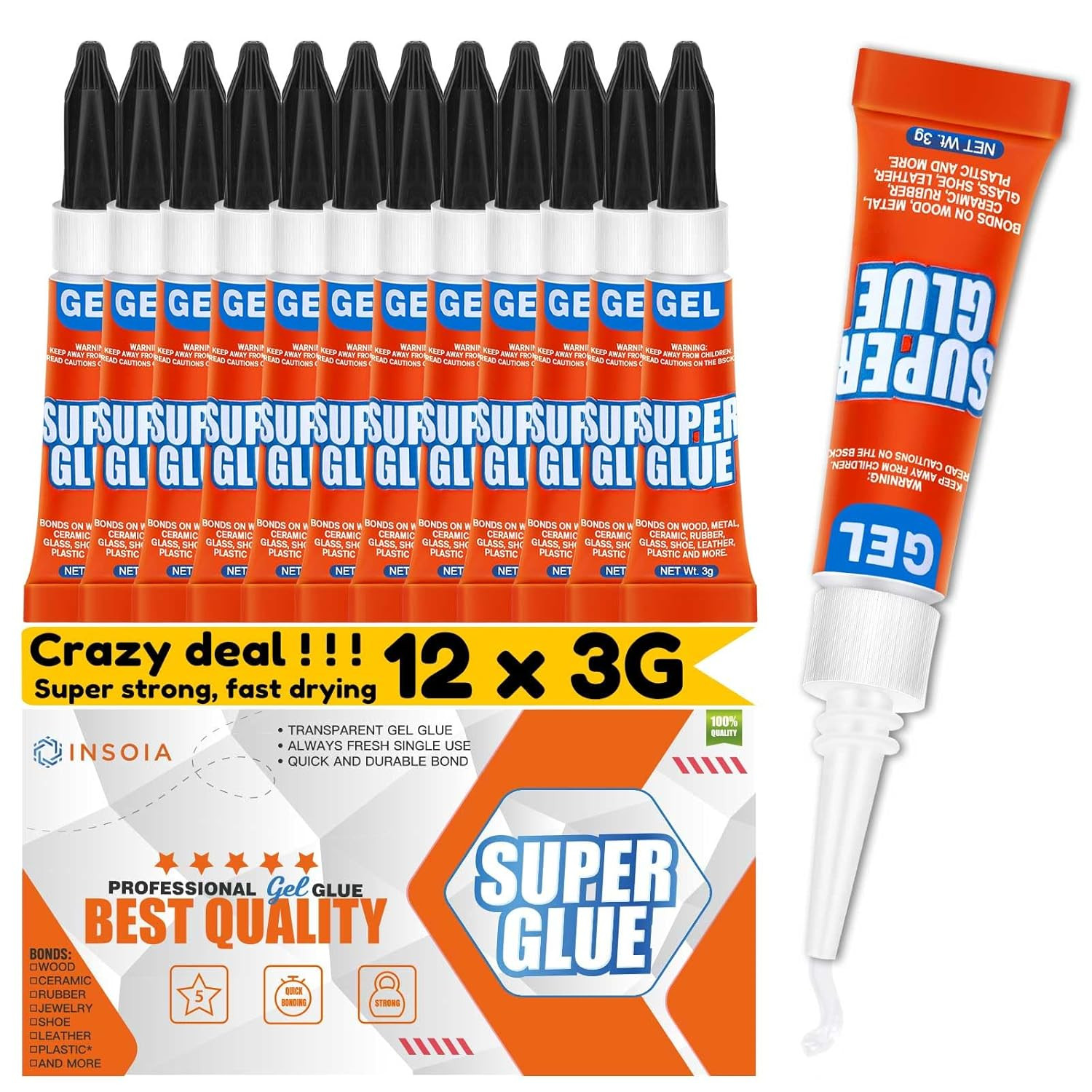 Super Glue Gel Clear Non-Drip, 12 X 3G All Purpose Strong Adhesive Ca Glue Quick