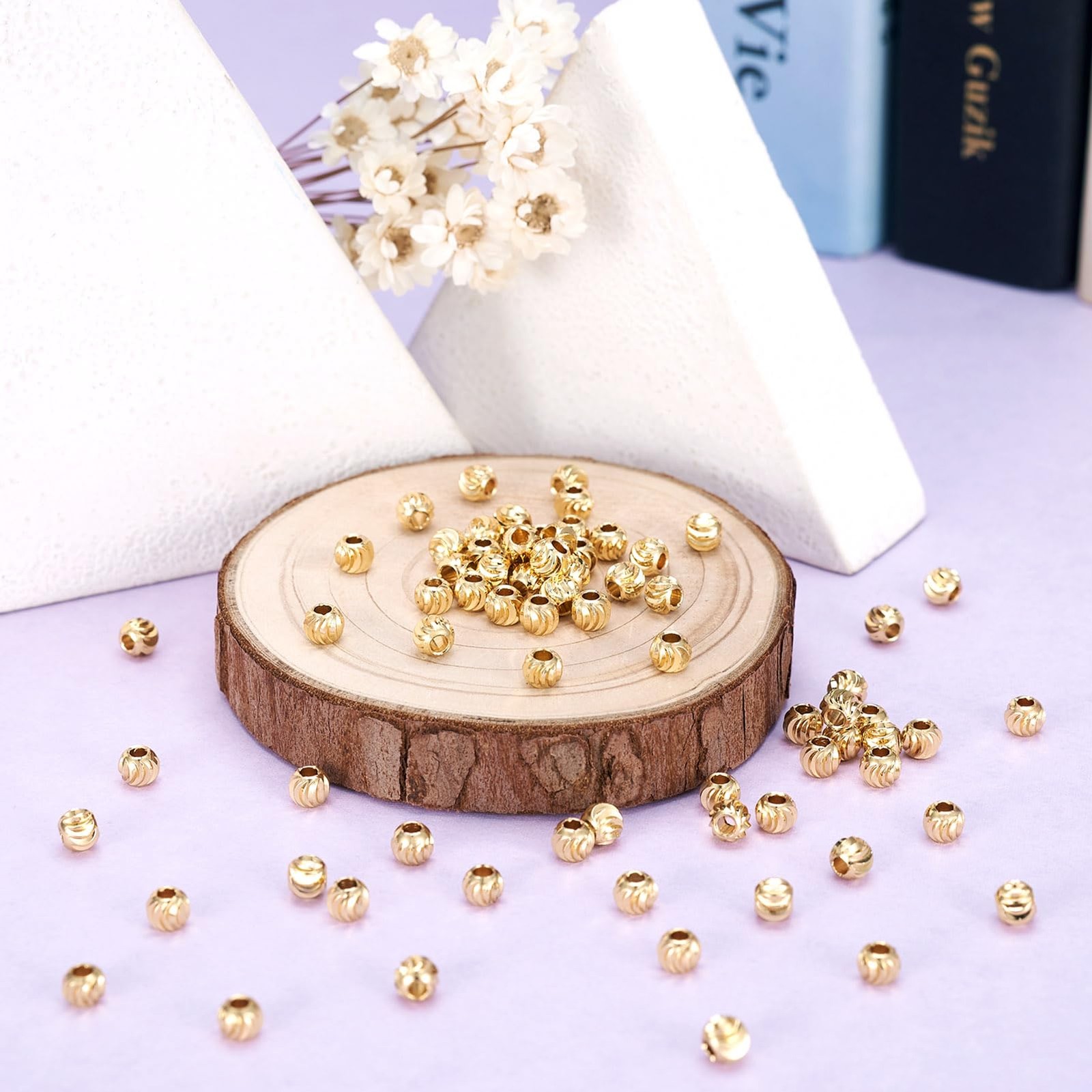 100pcs 18K Gold Corrugated Round Spacer Beads 5mm Tiny Brass Rondelle Ball Loose