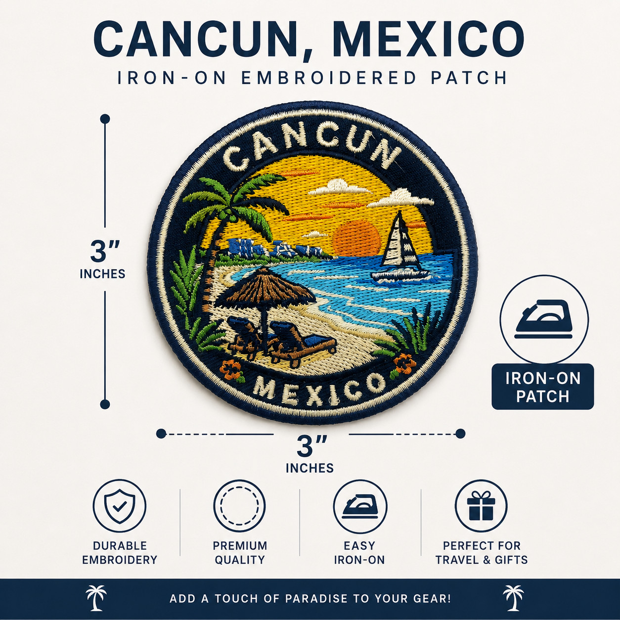 Cancun Mexico Patch 3″ Iron On Embroidered Beach Travel Souvenir Badge