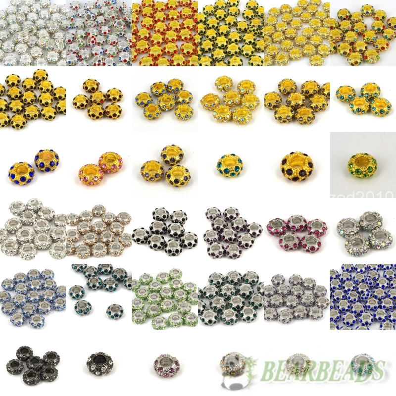 50Pcs Big Hole Crystal Rhinestone Pave Rondelle Spacer Beads Fit European Charm