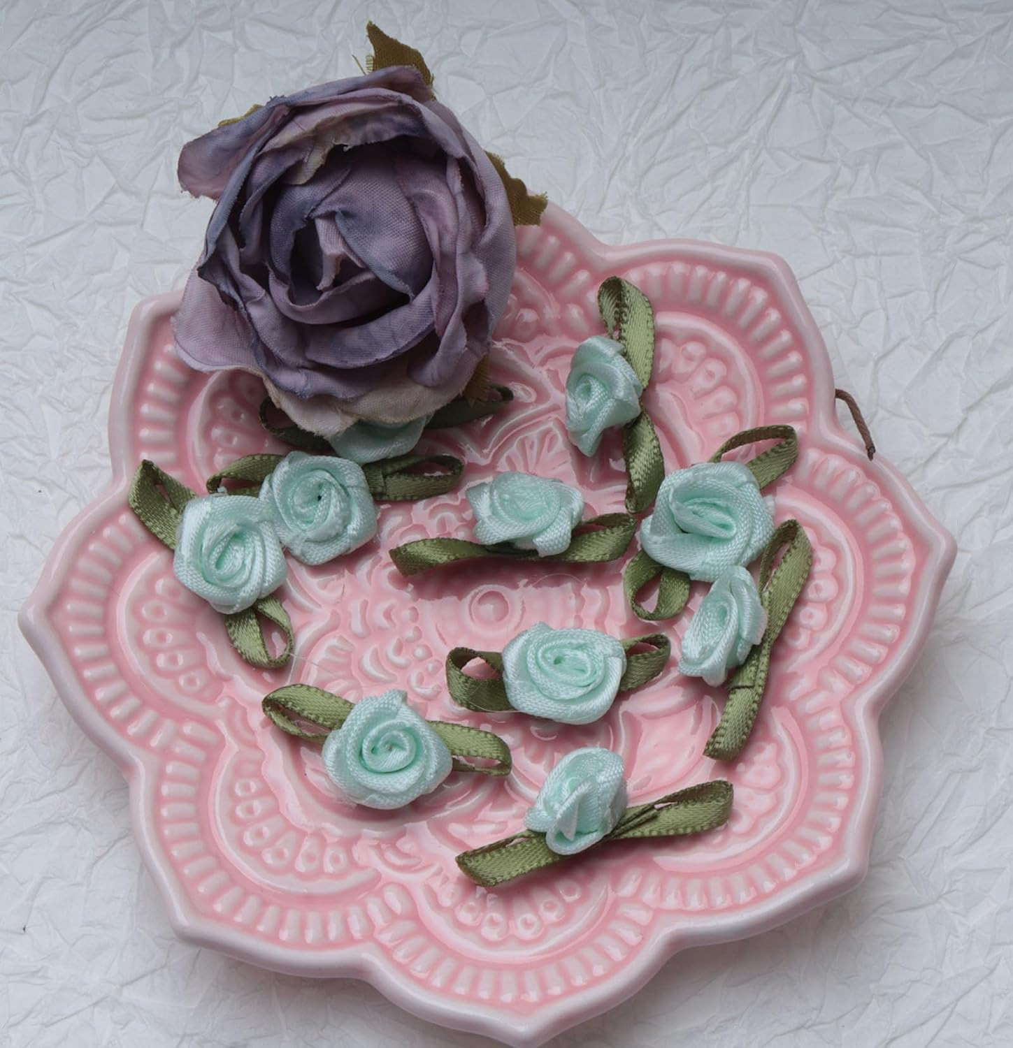 50 Pcs Satin Roses with Green Leaves Mini Cute Ribbon Bows Fabric Artificial Flo