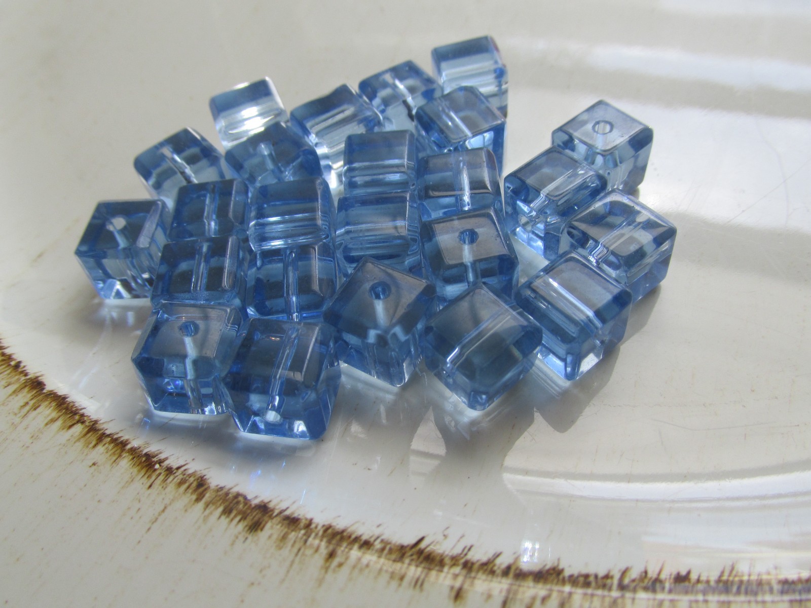 Vintage Glass Spacer Beads Faceted Blue Cube 10x10mm 32pcs