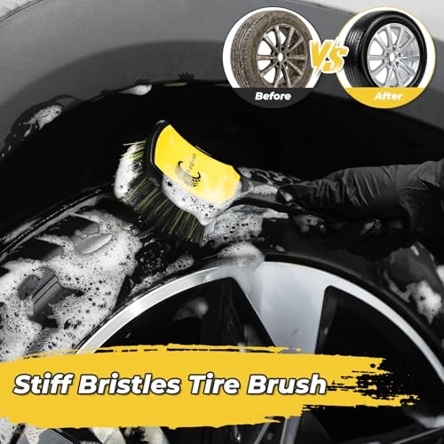 Wheel and Tire Brush Detailing Kit, Yellow | Soft Rim Brush & black yellow