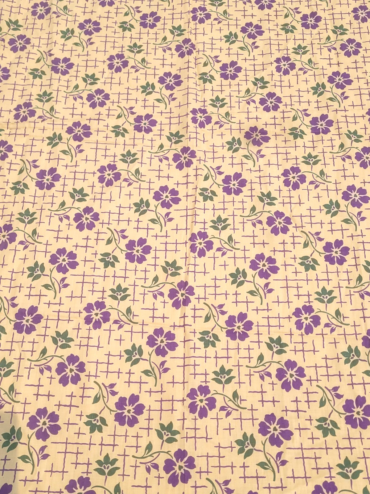 3.5 yds VTG Purple Flowers Green Trellis Tan Cotton Blend Fabric 35″ Wide