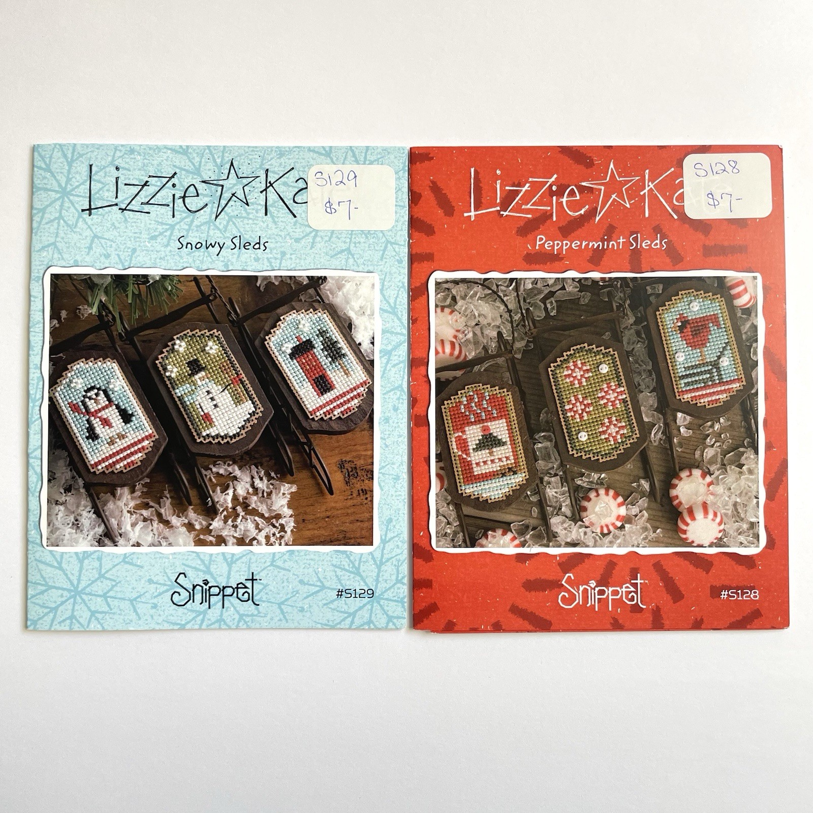 2 Lizzie Kate Snowy Peppermint Sleds Cross Stitch Charts Snippet Beads Buttons