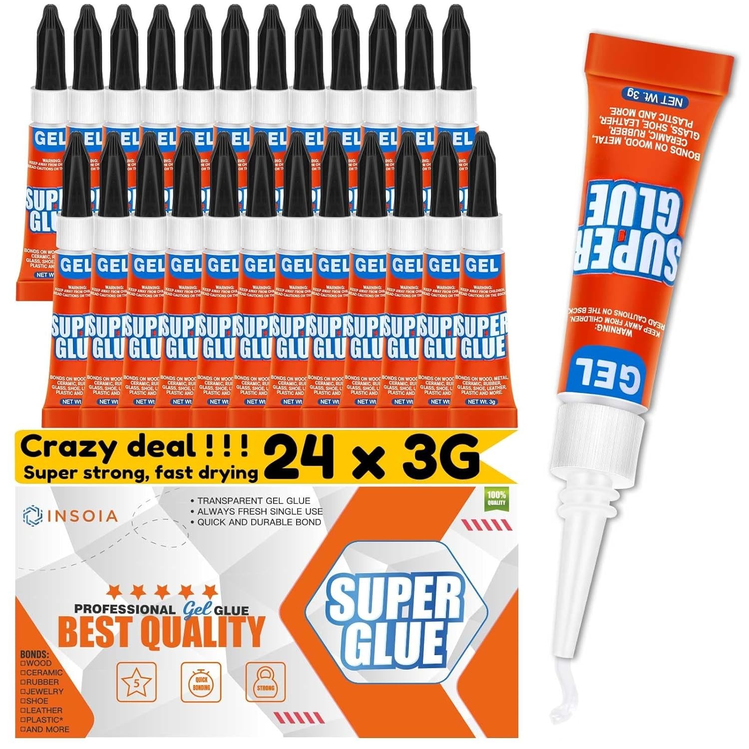 Glue Gel Clear Non-Drip, 24 X 3G All Purpose Strong Adhesive Ca Glue Quick