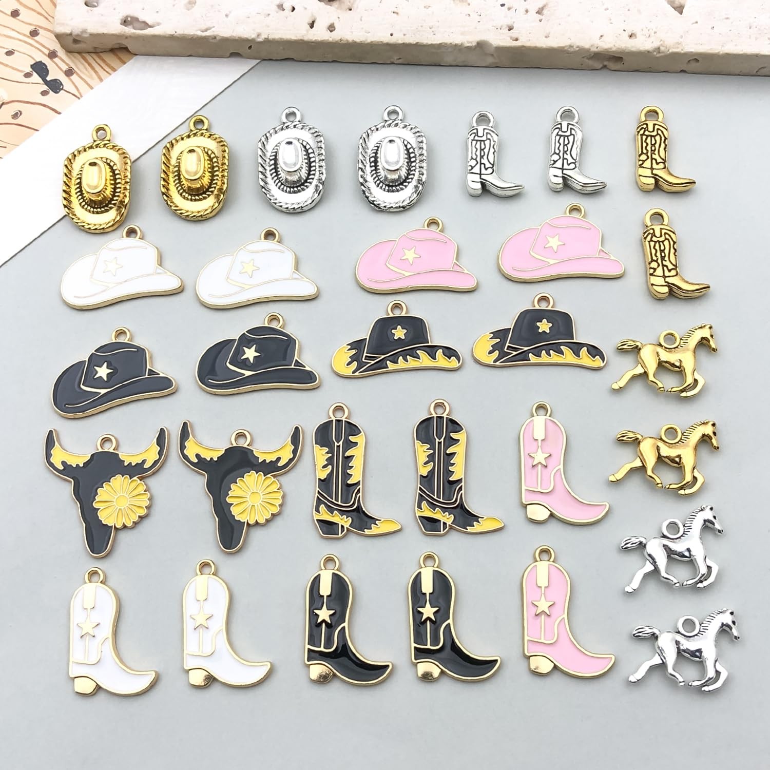 30pcs Western Cowboy Charms for Jewelry Making Small, Black White Pink