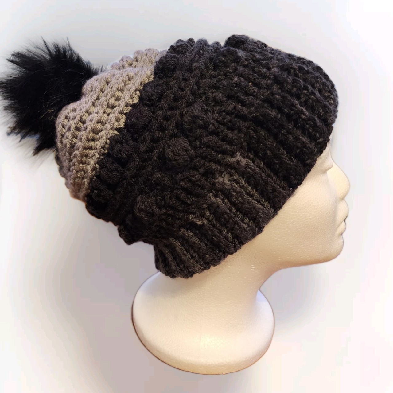 Black And Gray Handmade Crochet Winter Hat Faux Fur Pom Unisex Adult Sz